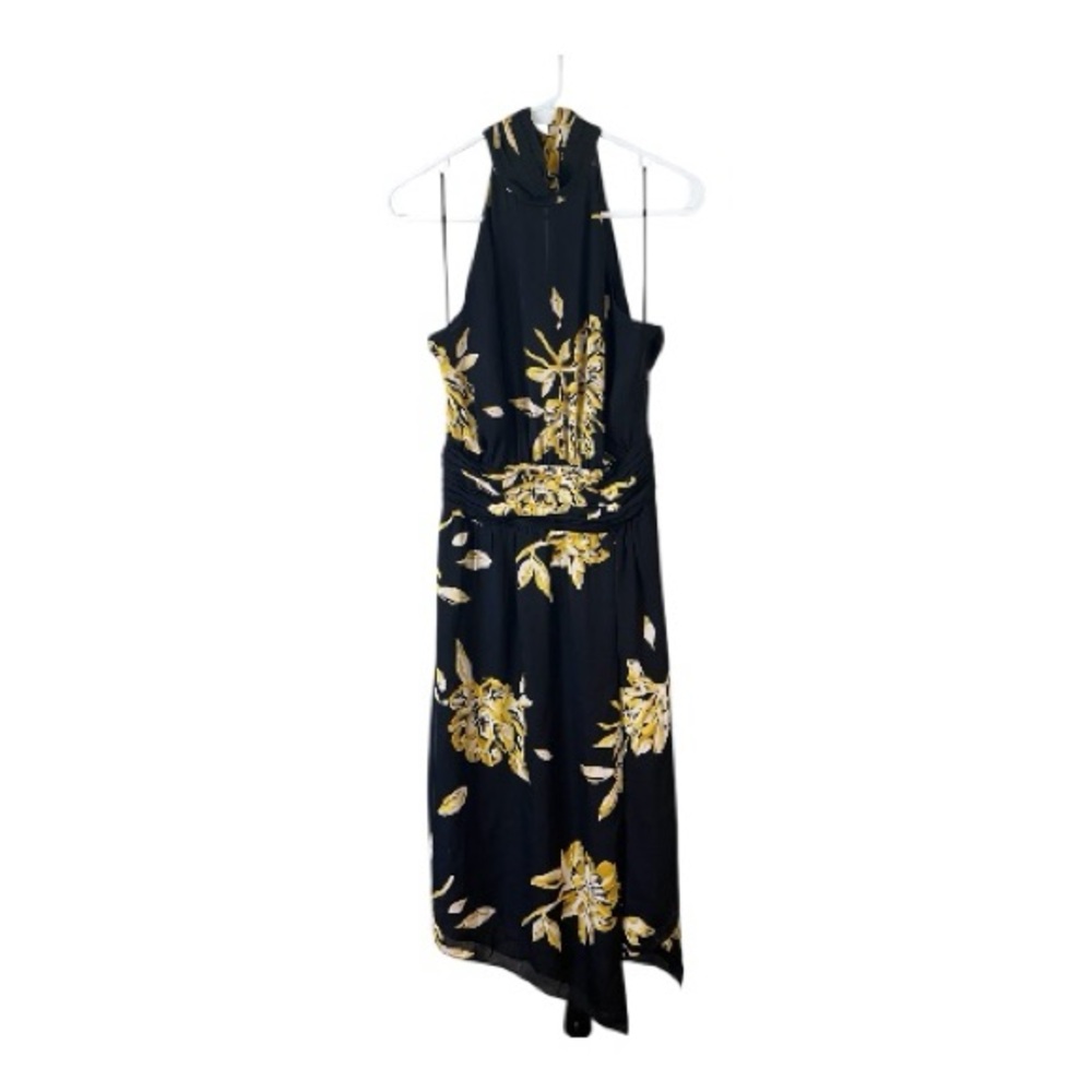 Joie Silk Elegant Black Halterneck faux Wrap Dress with Gold Floral Design